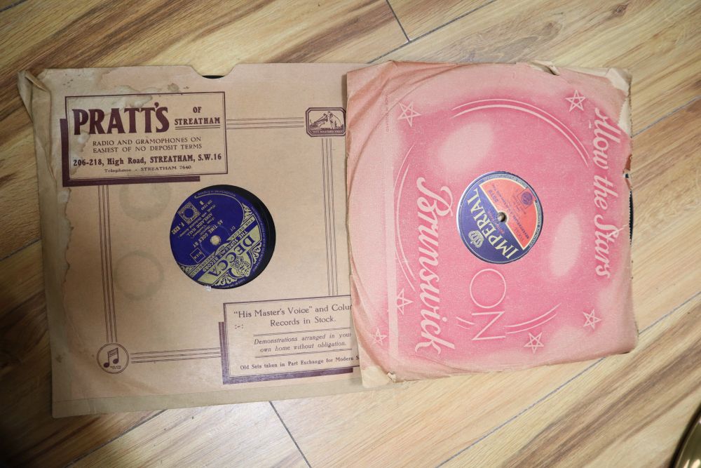 A table gramophone, The Shamrock, with horn, needles and two 78rpm records